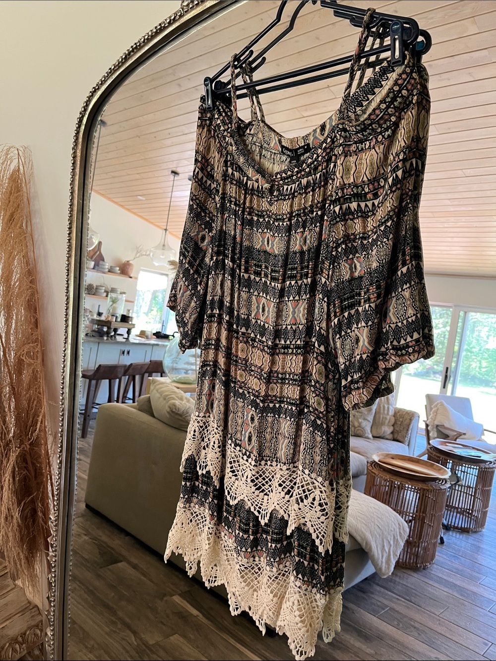 Gypsy 05 Boho paisley Printed Dress beautiful Cream Crochet Hem